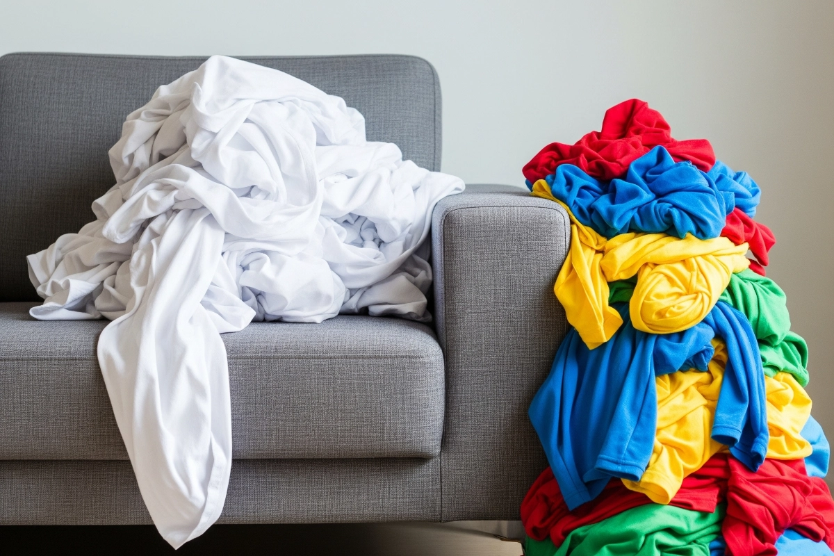 Sorted Laundry On Couch White Linens And Color Clothes 1200X800
