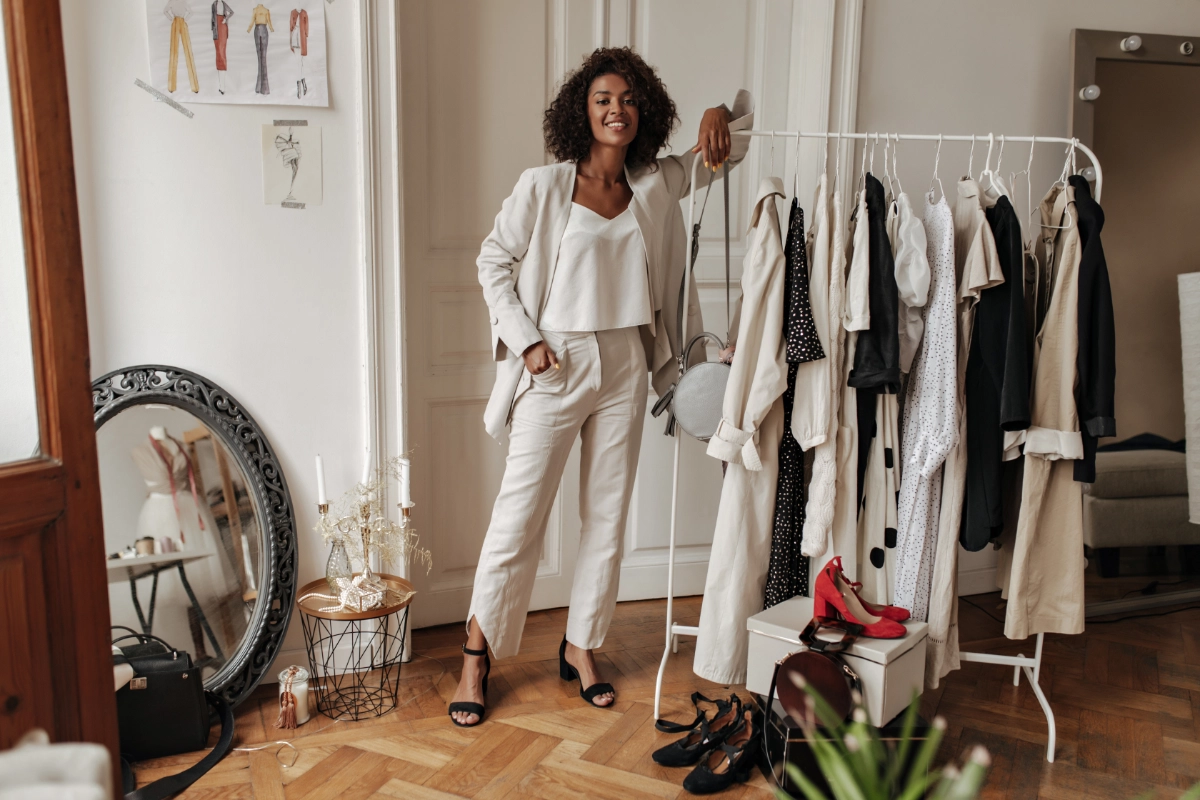 Stylish Woman In Linen Suit Standing Next To Rack With Linen Garments 1200X800