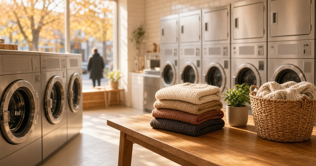 A tidy, sunlit neighborhood laundromat with washers, dryers and a folding table holding neatly folded sweaters.