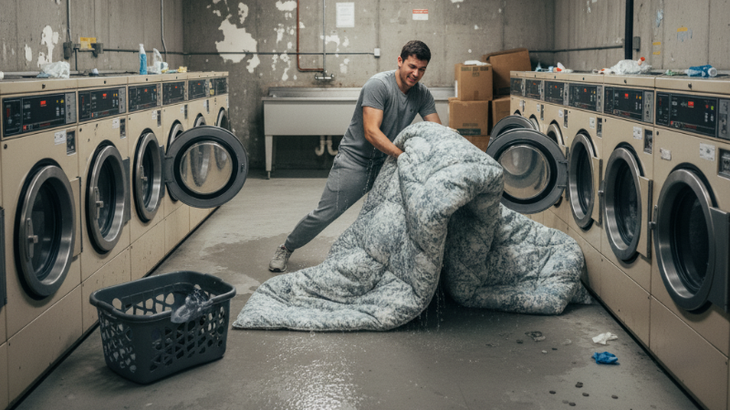 Man Struggling With A Comforter In A Basement Laundry Room 800X450