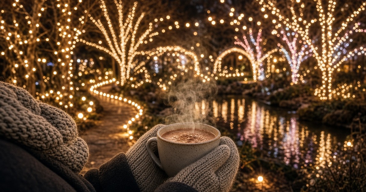 Mittened hands holding hot cocoa in front of a glowing string-lit winter garden path.